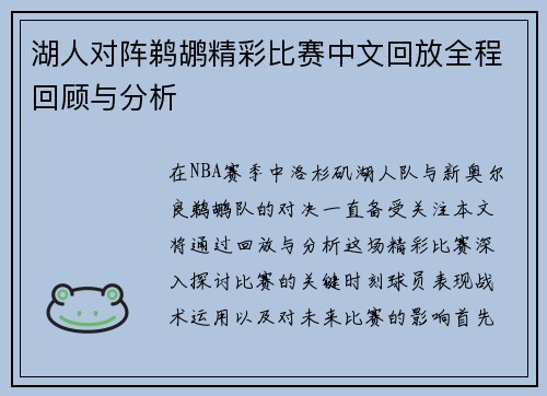 湖人对阵鹈鹕精彩比赛中文回放全程回顾与分析